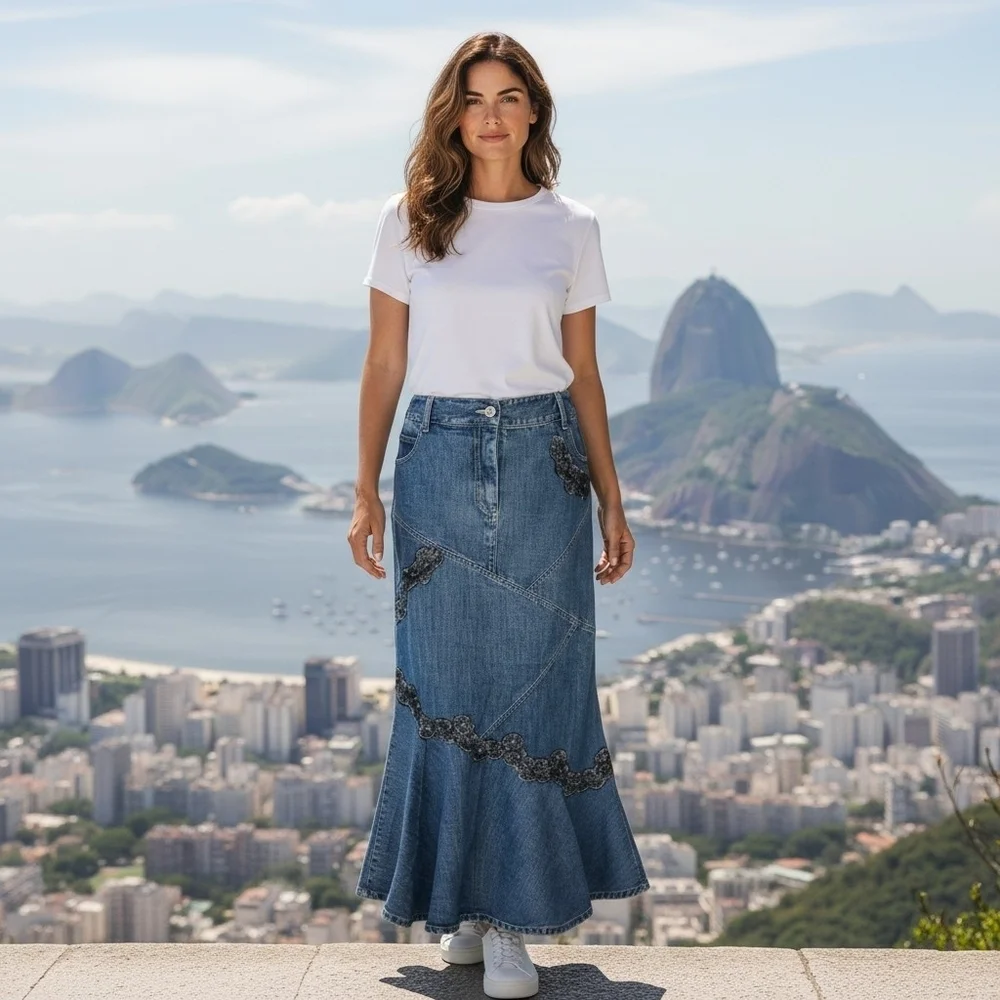 Y2K Newport News Denim Jean Maxi Mermaid Skirt with Floral Embroidery